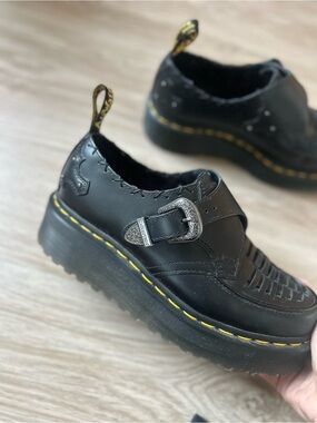 Dr. Martens Black Leather Platform Buckle Shoes with Yellow Stitching